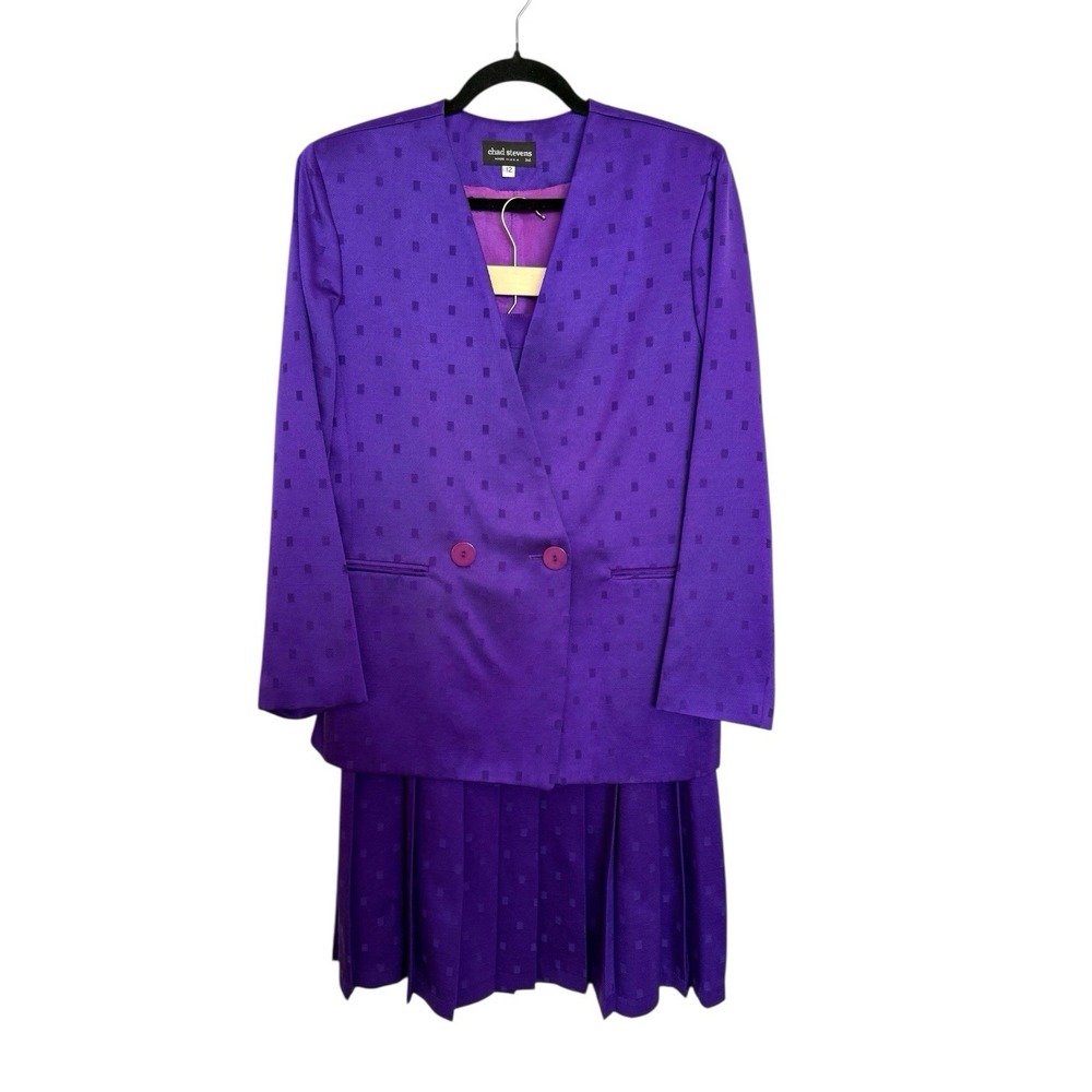 Vintage Chad Stevens Skirt Suit 12 Purple 2pc Blazer Pleated‎ Skirt Jacquard USA